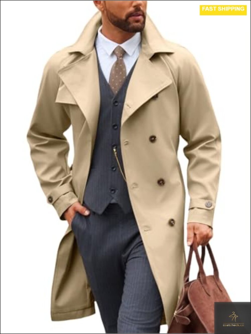 Men's Double Breasted Trench Coat Long Windbreaker Overcoat